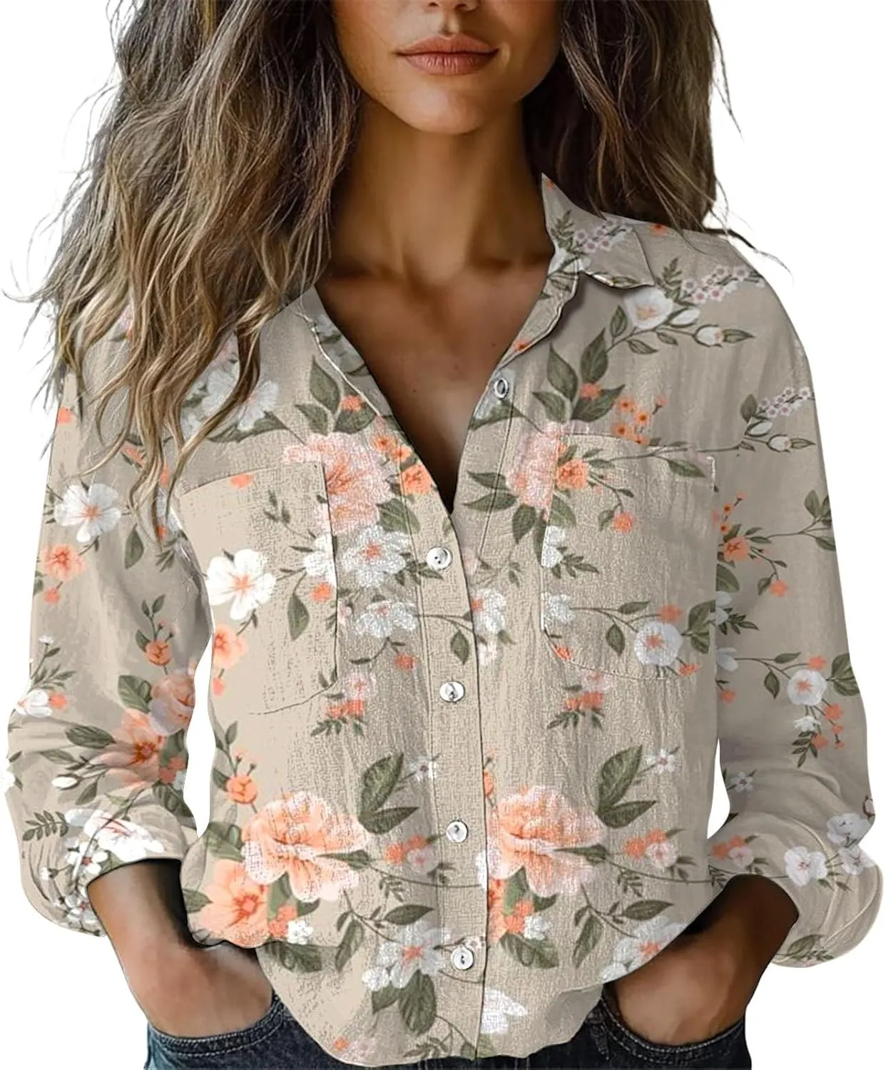 Boho Tops for Women Cotton Linen Button Down Muslin Blouses Vintage Floral Graphic Shirts Loose Fit Long Sleeve Blouse