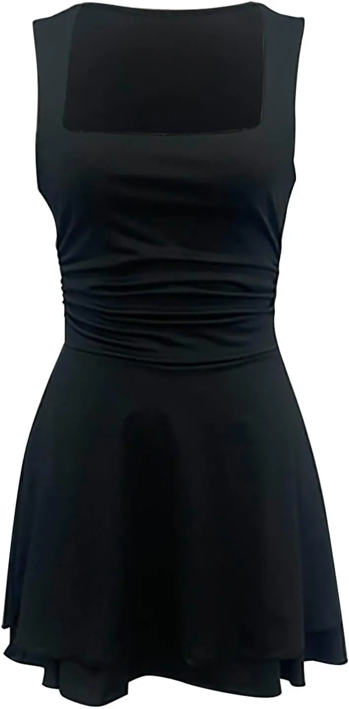 Borniu Women's Square Neck Ruffle Hem Mini Dress Ruched Waist Short Party Summer Casual Sleeveless Dresses Flowy Outfits