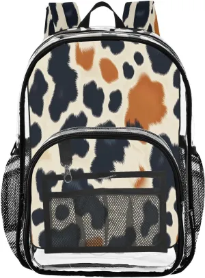 Brown Cow Print Clear Backpack with Back Print, Heavy Duty See Through Backpacks PVC Transparent Daypack for Travel Security