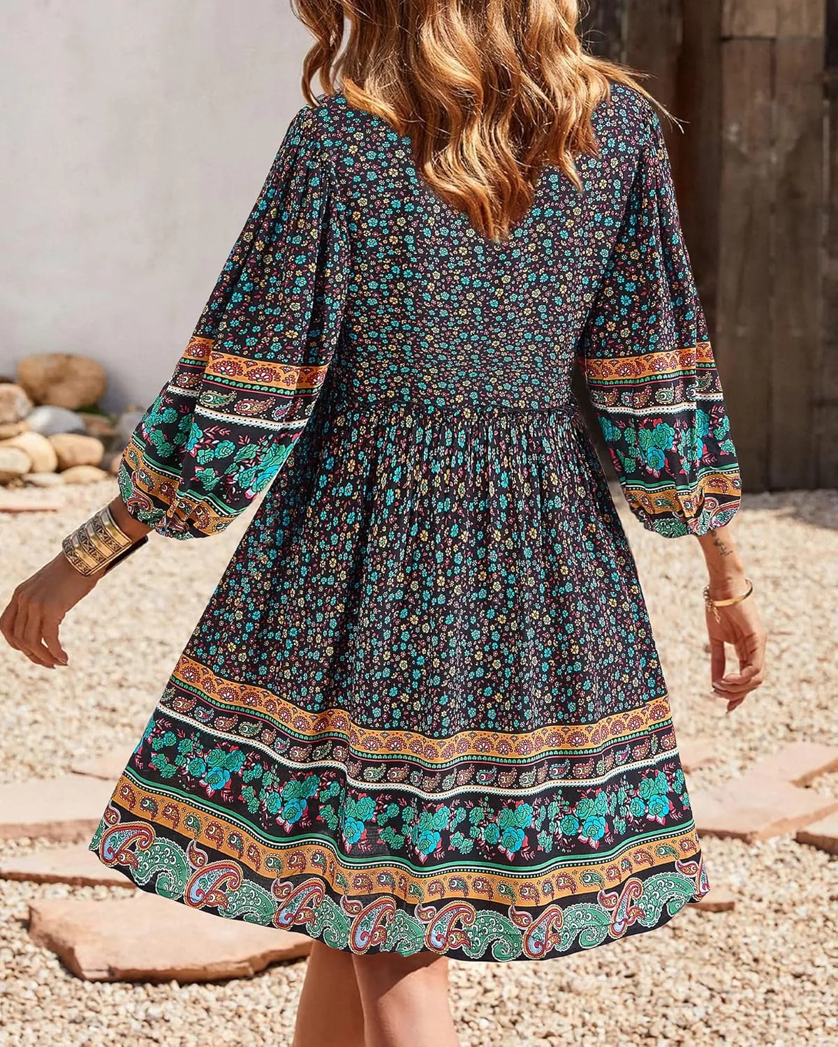 BTFBM Women Casual Spring Summer Dresses V Neck 3/4 Long Sleeve Ruffle Floral Flowy Boho Babydoll Mini Short Beach Dress
