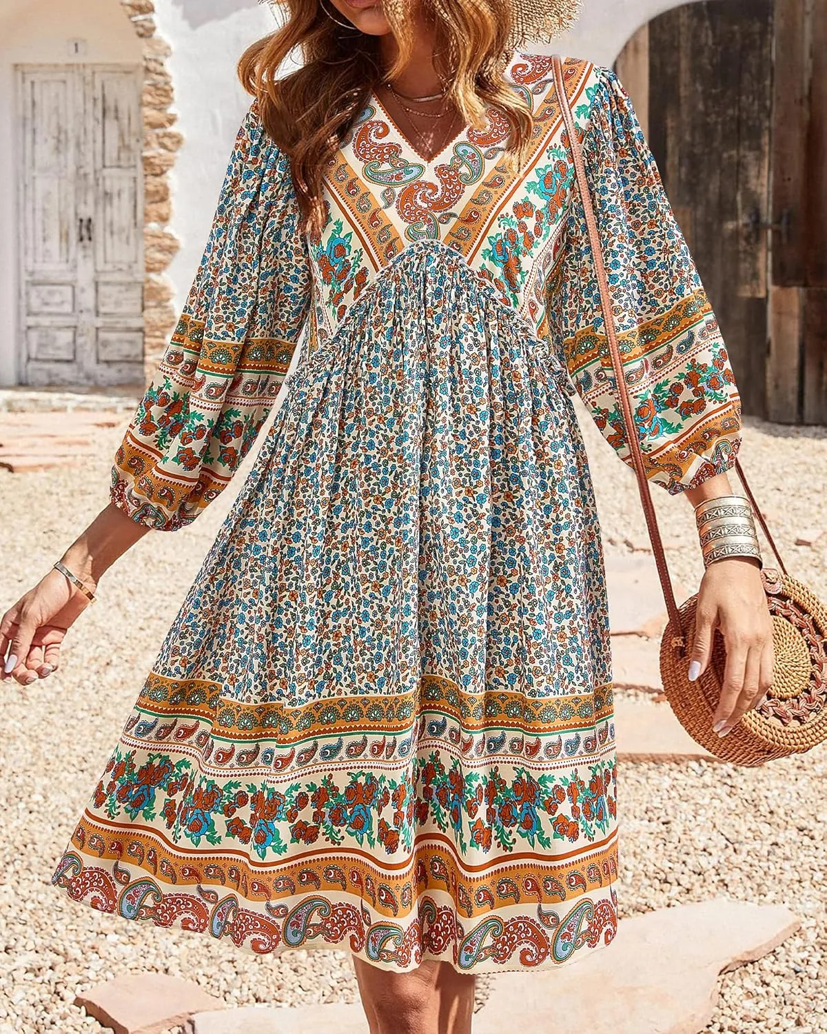 BTFBM Women Casual Spring Summer Dresses V Neck 3/4 Long Sleeve Ruffle Floral Flowy Boho Babydoll Mini Short Beach Dress