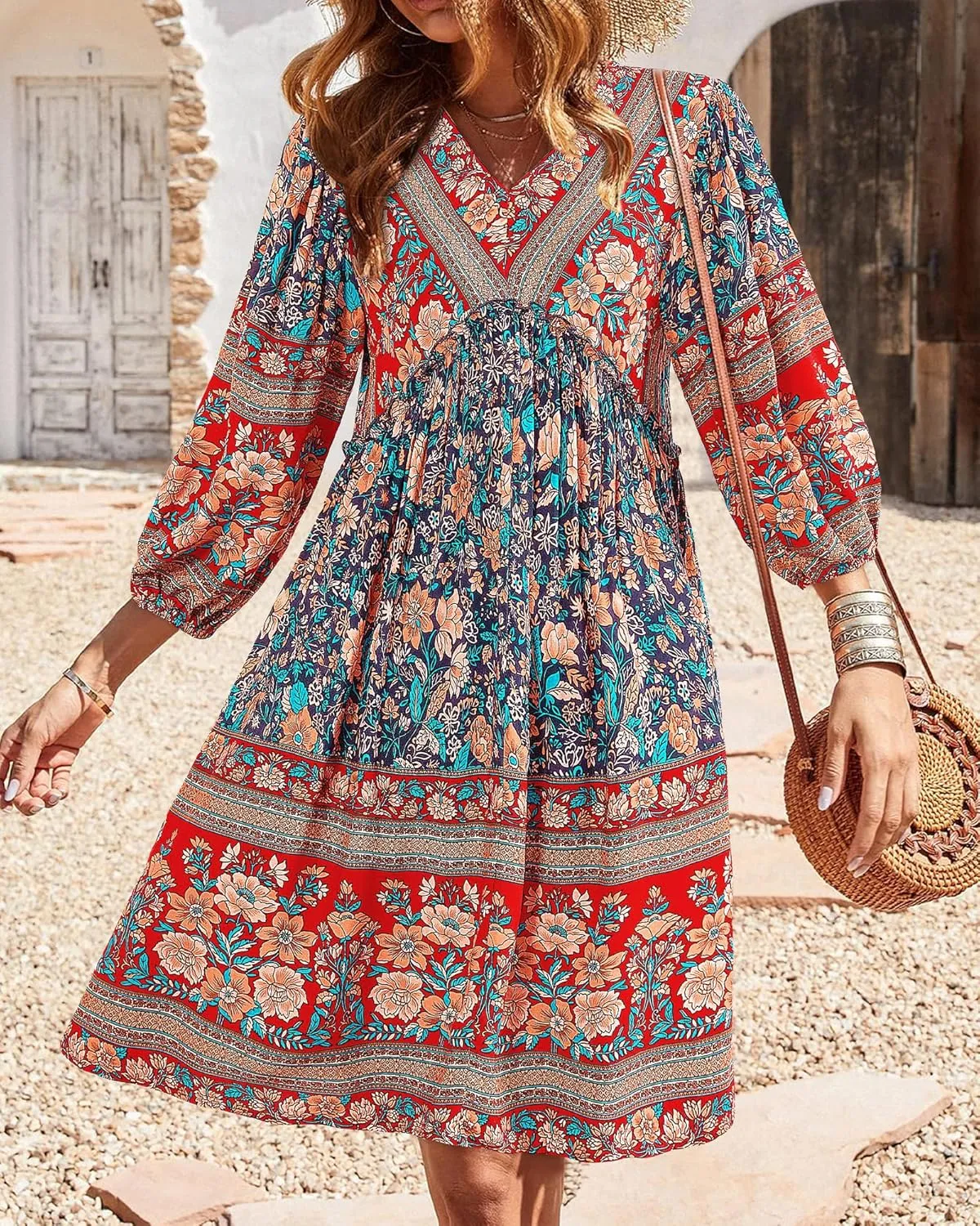 BTFBM Women Casual Spring Summer Dresses V Neck 3/4 Long Sleeve Ruffle Floral Flowy Boho Babydoll Mini Short Beach Dress