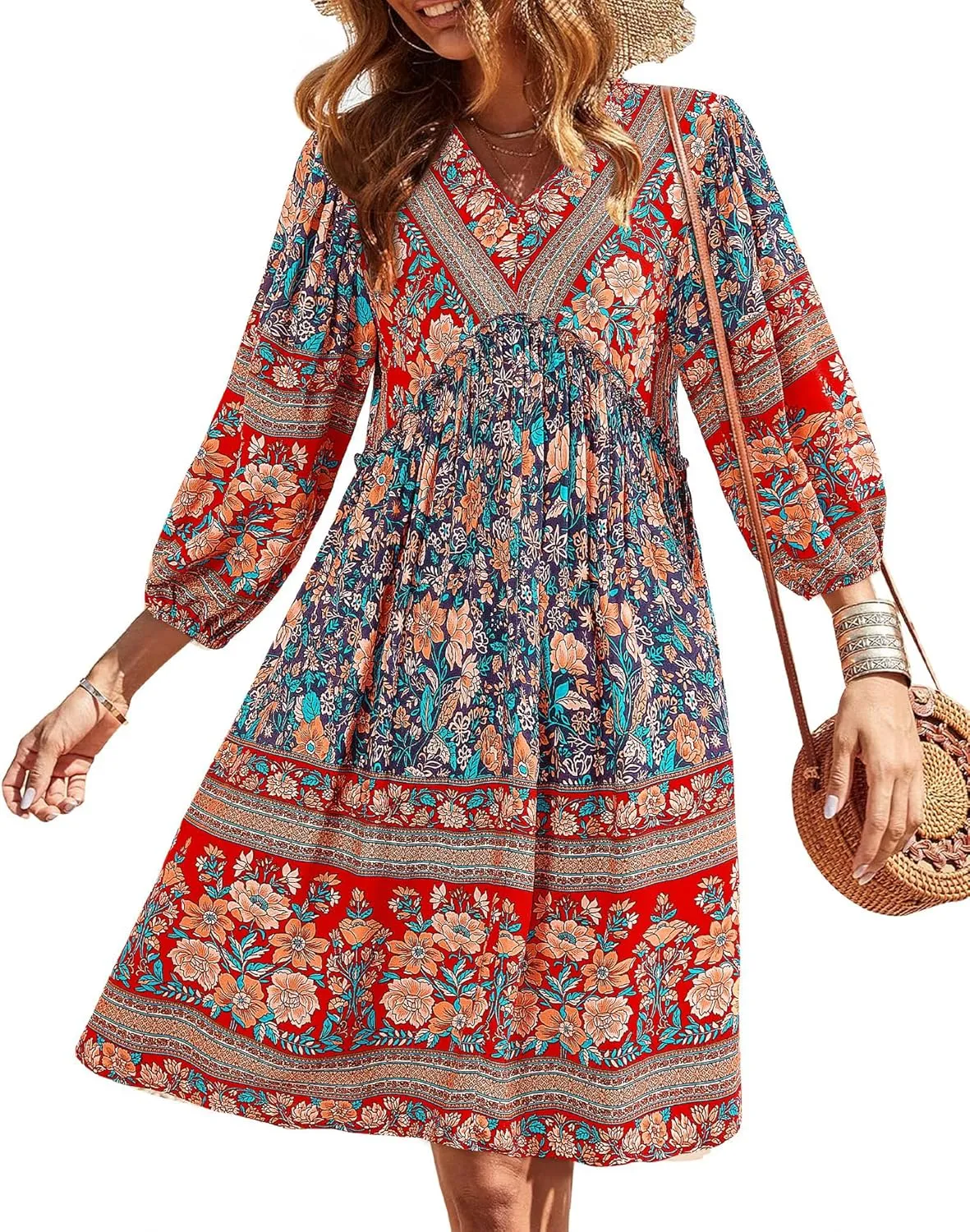 BTFBM Women Casual Spring Summer Dresses V Neck 3/4 Long Sleeve Ruffle Floral Flowy Boho Babydoll Mini Short Beach Dress