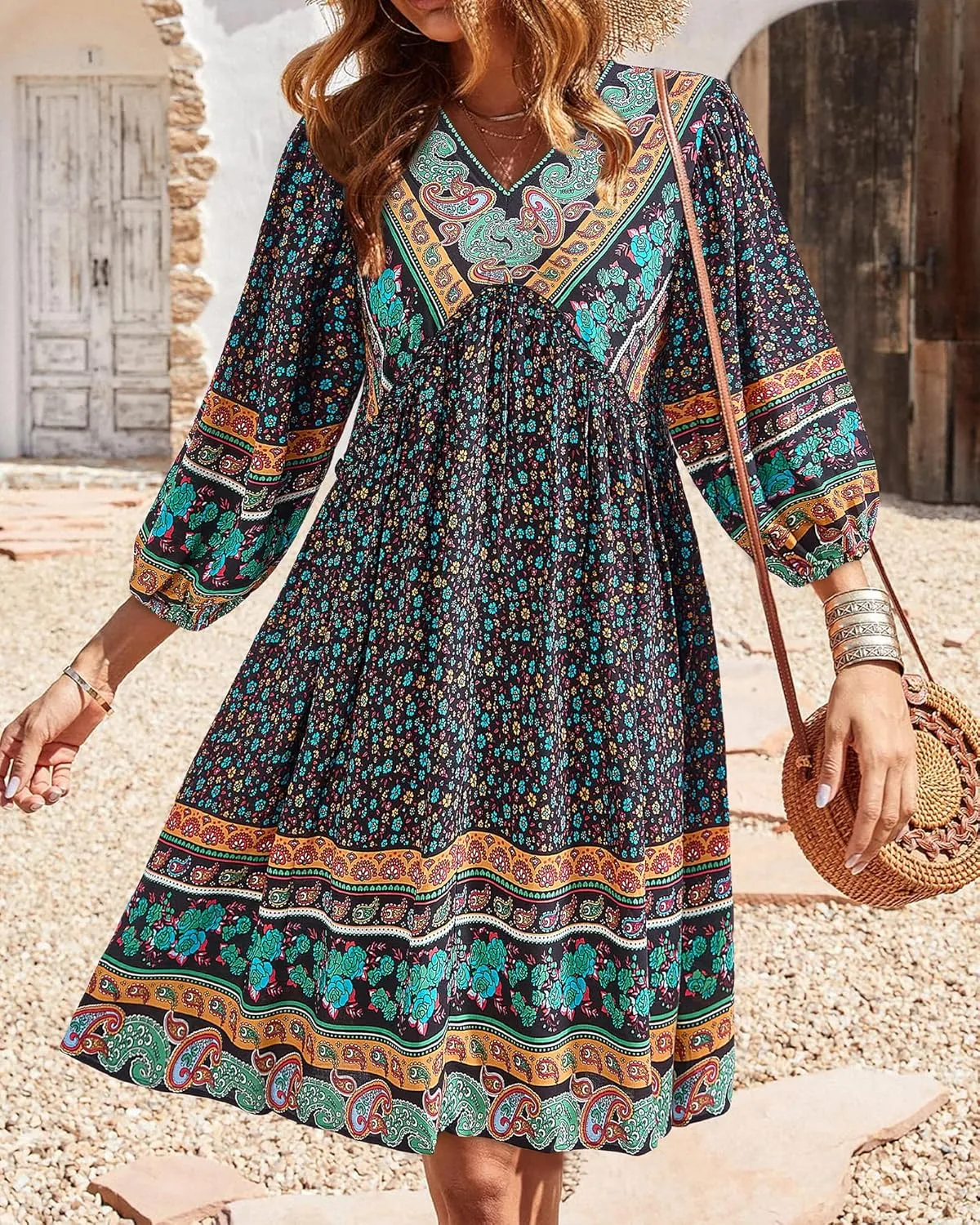 BTFBM Women Casual Spring Summer Dresses V Neck 3/4 Long Sleeve Ruffle Floral Flowy Boho Babydoll Mini Short Beach Dress
