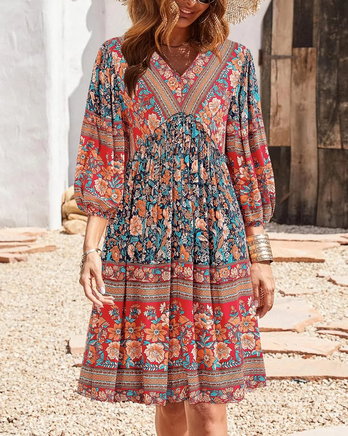 BTFBM Women Casual Spring Summer Dresses V Neck 3/4 Long Sleeve Ruffle Floral Flowy Boho Babydoll Mini Short Beach Dress