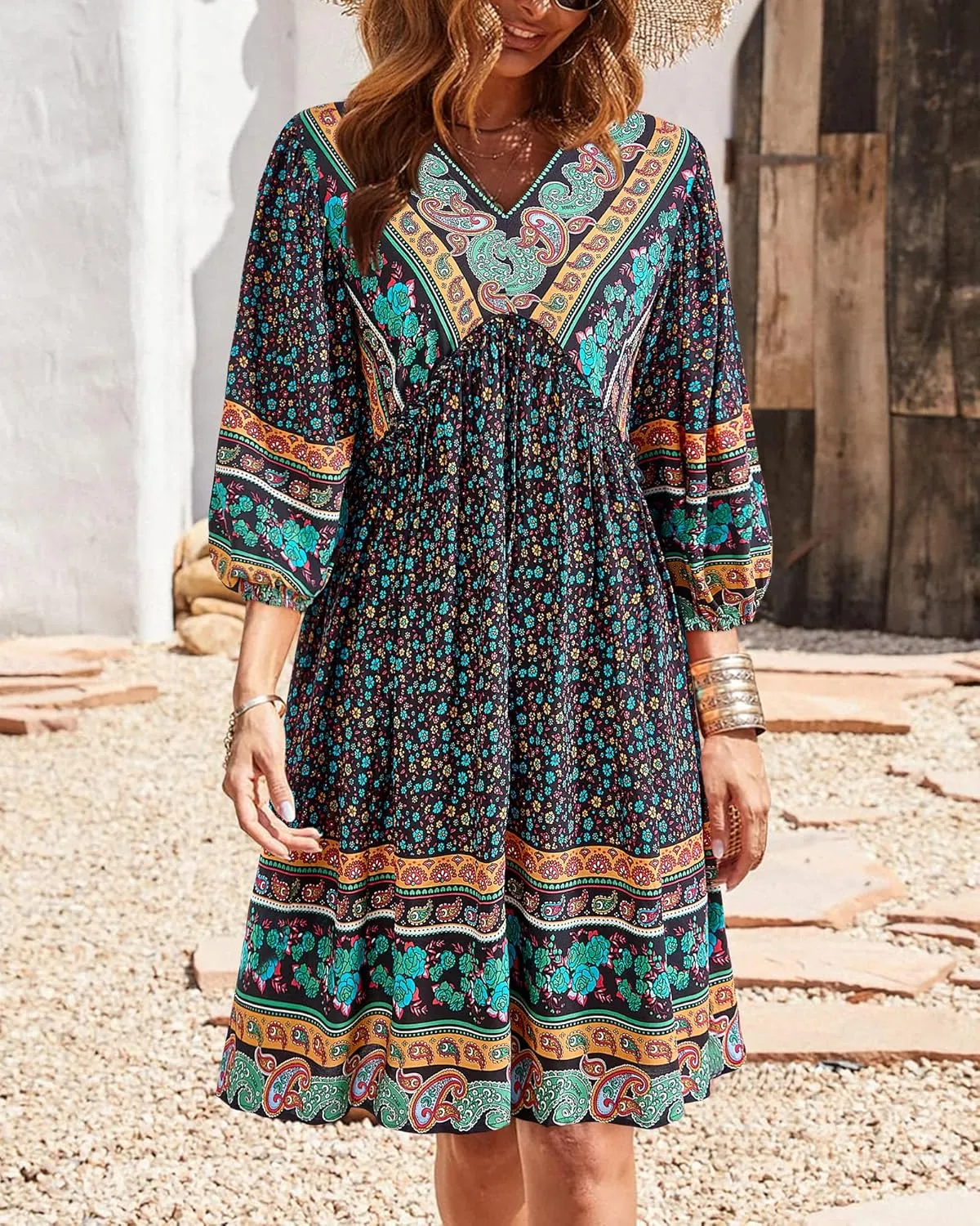 BTFBM Women Casual Spring Summer Dresses V Neck 3/4 Long Sleeve Ruffle Floral Flowy Boho Babydoll Mini Short Beach Dress
