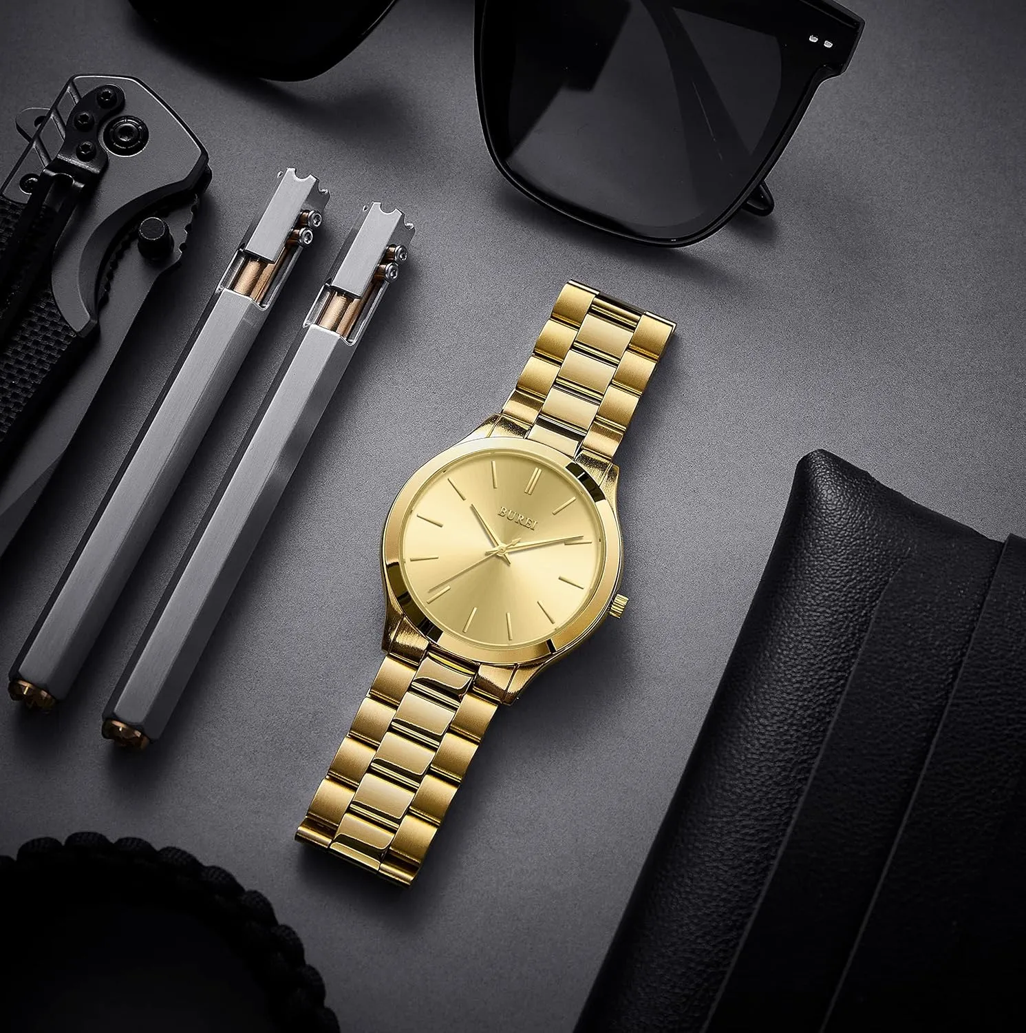 BUREI Fashion Minimalist Business Men's Wrist Watch Waterproof Stainless Steel Watch Analog Quartz Watch for Man, Valentines Day Gifts for Men