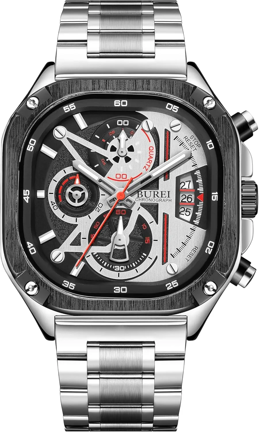 BUREI Men's Fashion Silver Watch Chronograph Multifunction Watch Stainless Steel Strap Waterproof Watch Casual Square Watch Analog Quartz Watch with Calendar for Business and Collection