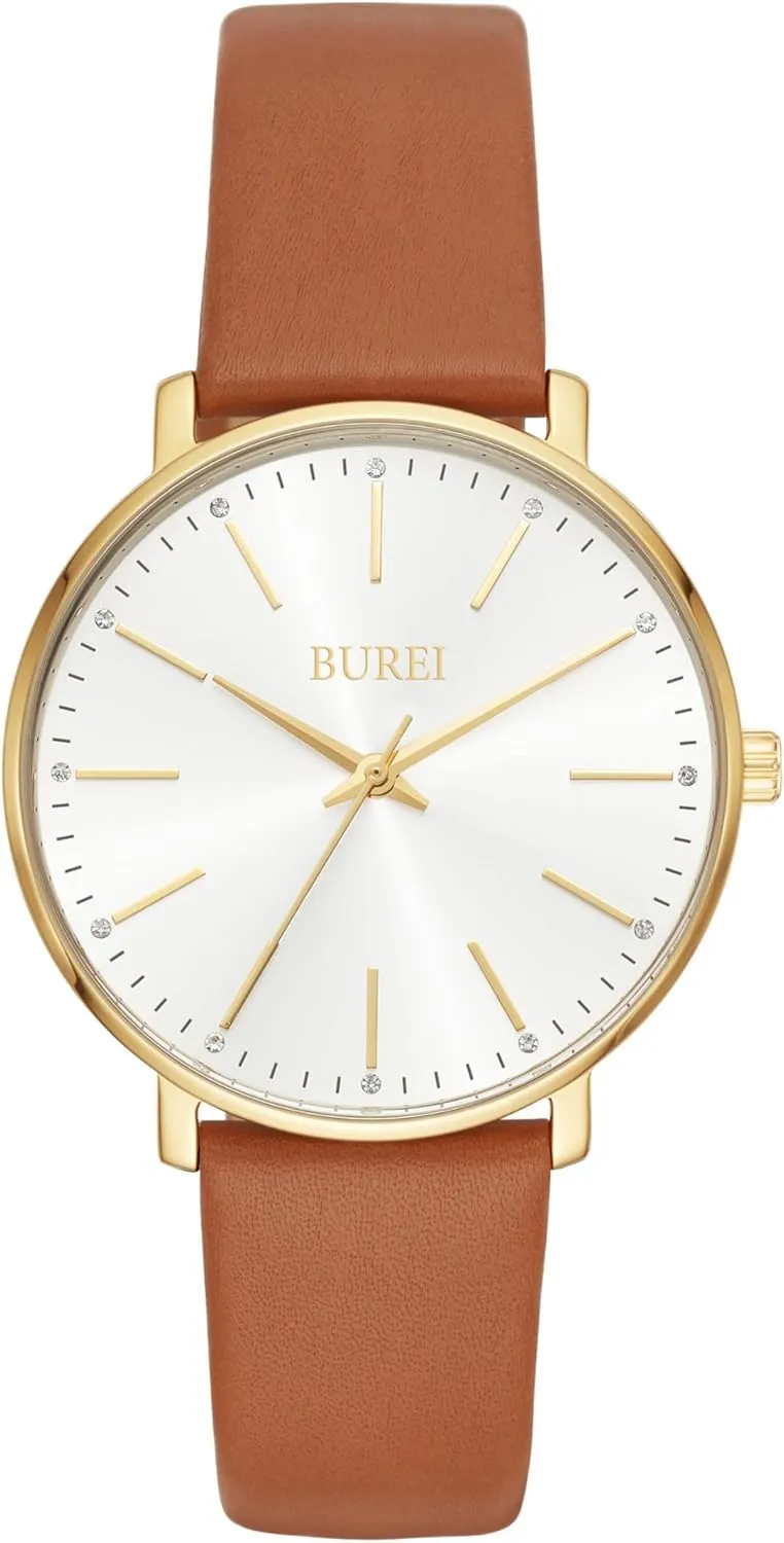 BUREI Women Wrist Watches Fashion Minimalist Analog Leather Quartz Waterproof Watches for Women (Silver-Gold-Brown Band)