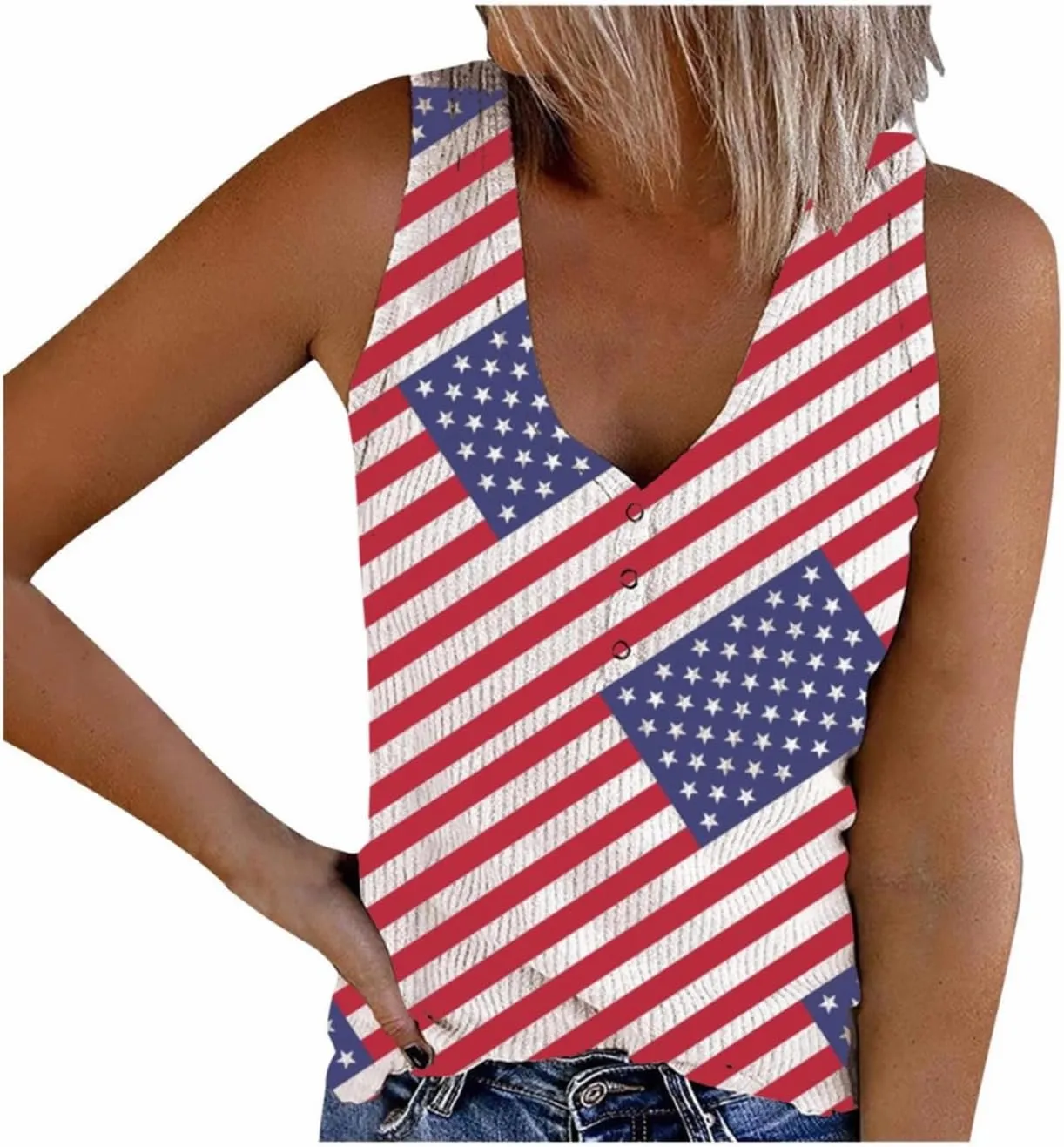 Camisole Women's V Neck Tank Tops Summer Sleeveless Ribbed Button Casual Henley Shirts Fashion Printing T Shirts