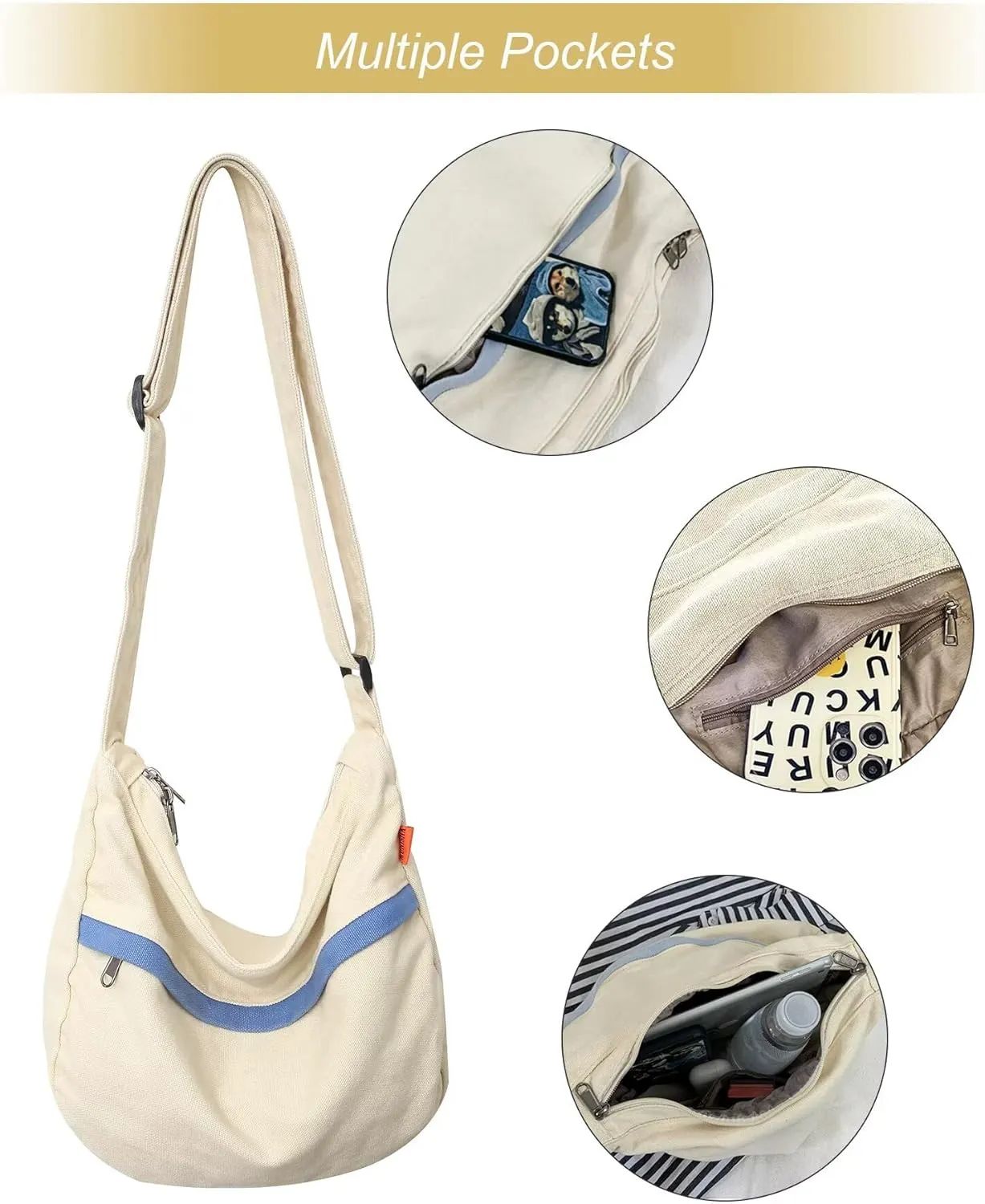 Canvas Crossbody Hobo Bag for Women, Casual Shoulder Messenger Bag with Adjustable Straps