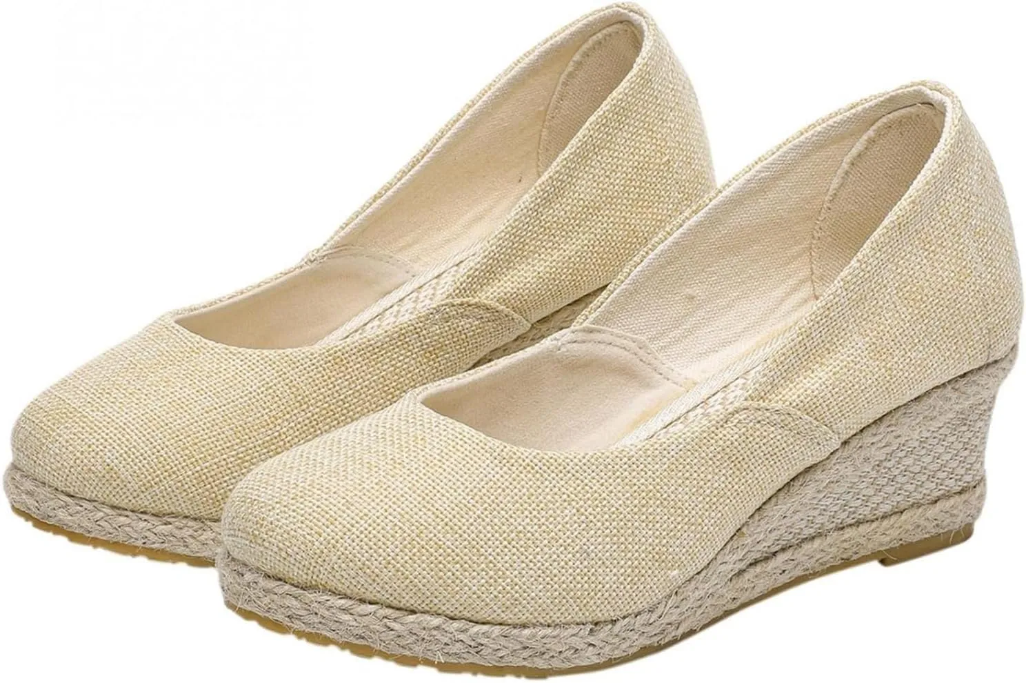 Canvas Espadrilles Wedges for Women Closed Toe High Heels Dress Sandals Round Toe Slip on Shoes Elegant Chunky Comfortable Walking Shoes