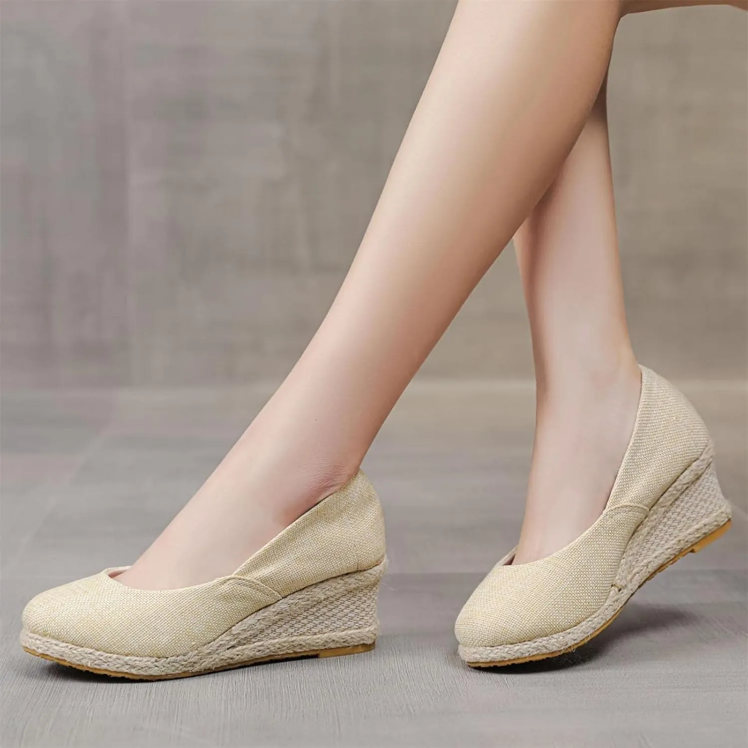 Canvas Espadrilles Wedges for Women Closed Toe High Heels Dress Sandals Round Toe Slip on Shoes Elegant Chunky Comfortable Walking Shoes