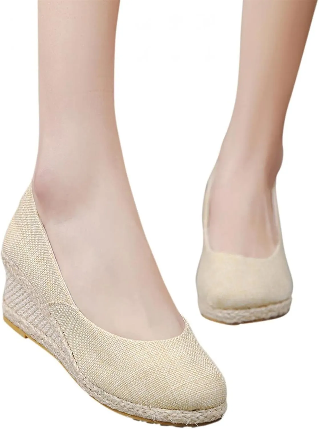 Canvas Espadrilles Wedges for Women Closed Toe High Heels Dress Sandals Round Toe Slip on Shoes Elegant Chunky Comfortable Walking Shoes