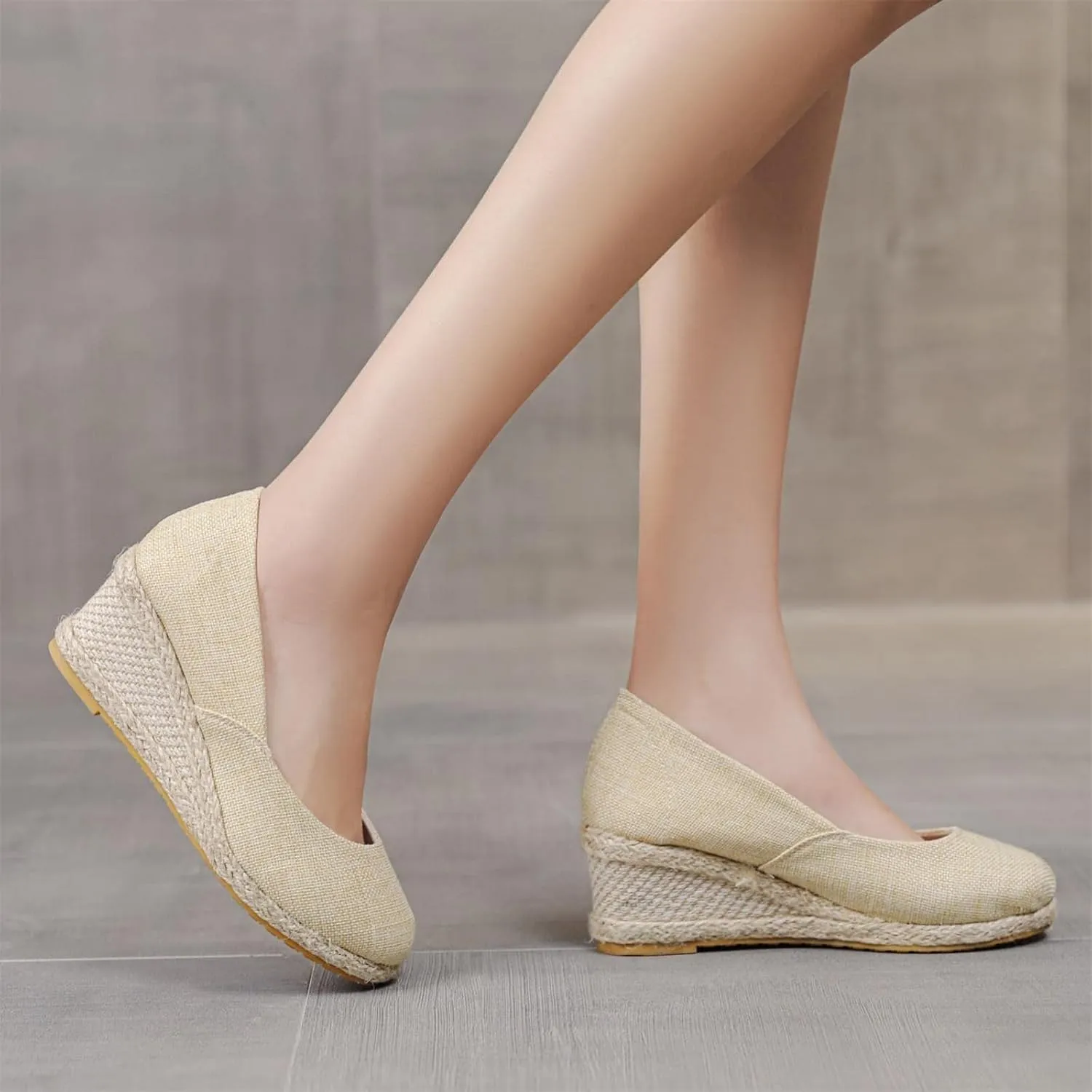 Canvas Espadrilles Wedges for Women Closed Toe High Heels Dress Sandals Round Toe Slip on Shoes Elegant Chunky Comfortable Walking Shoes