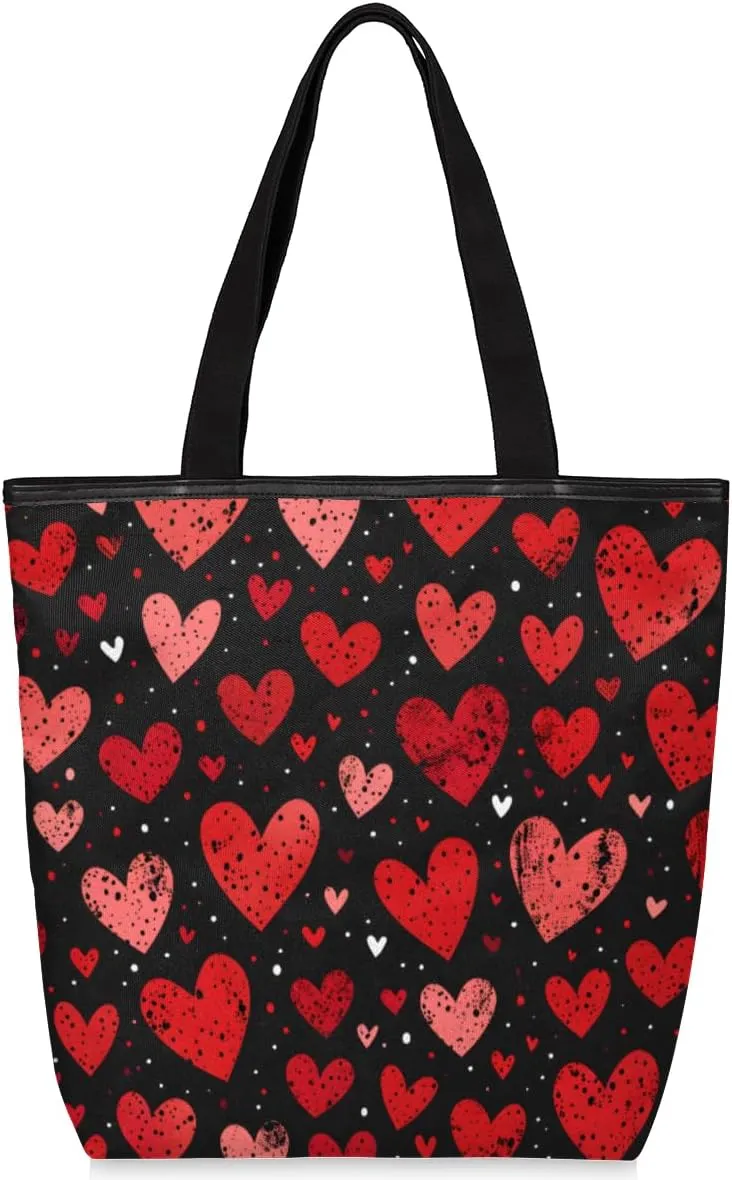 Canvas Tote Bag for Women Large Tote Bag with Zipper & Pockets Red Love Heart Canvas Beach Bag Shoulder Bag Reusable Shopping Bags Cute Tote Bags for Work Travel