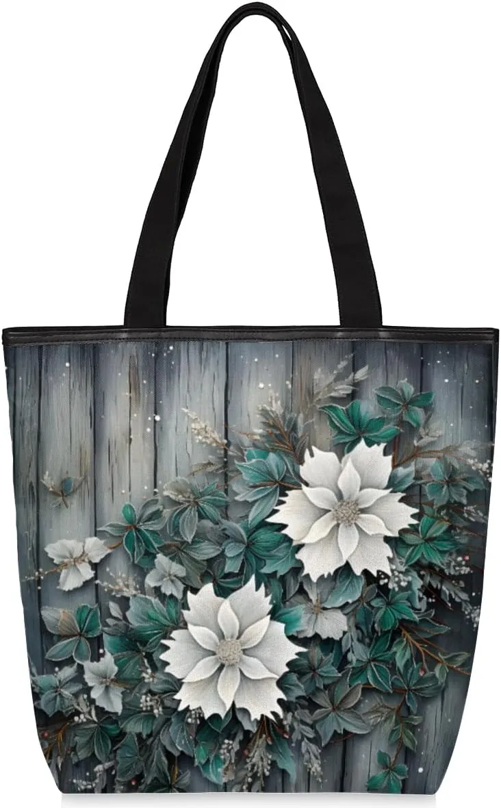 Canvas Tote Bag for Women Large Tote Bag with Zipper & Pockets Retro Wooden Flower Canvas Beach Bag Shoulder Bag Reusable Shopping Bags Cute Tote Bags for Work Travel