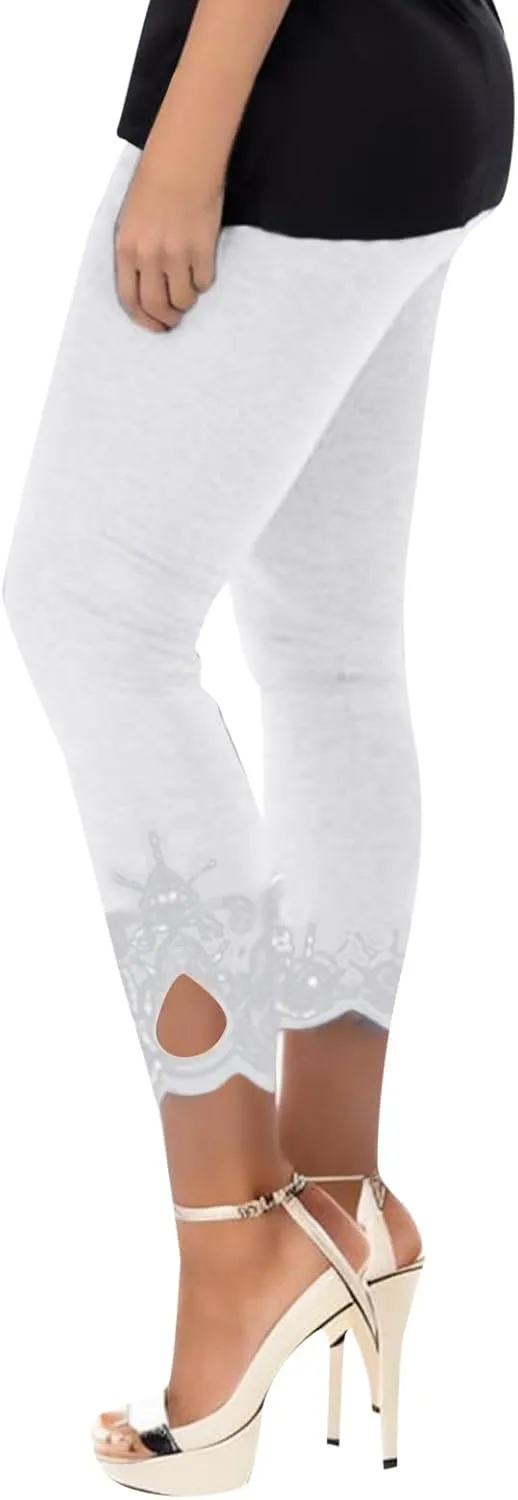 Capris Pants for Women High Waisted Yoga Cropped Pants Plus Size Summer Athletic Exercise Workout Lace Leggings Tights