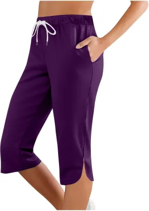 Capris Pants for Women High Waisted Yoga Cropped Pants Plus Size Summer Athletic Exercise Workout Lace Leggings Tights