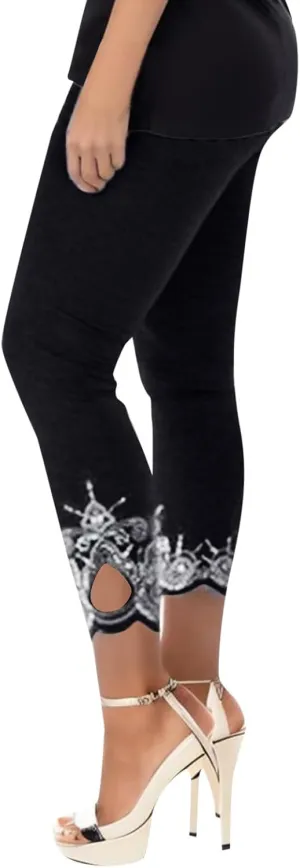 Capris Pants for Women High Waisted Yoga Cropped Pants Plus Size Summer Athletic Exercise Workout Lace Leggings Tights