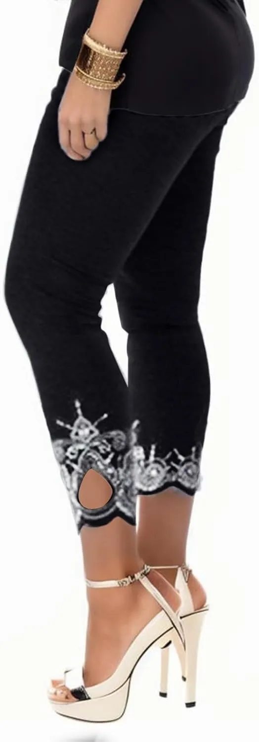 Capris Pants for Women High Waisted Yoga Cropped Pants Plus Size Summer Athletic Exercise Workout Lace Leggings Tights