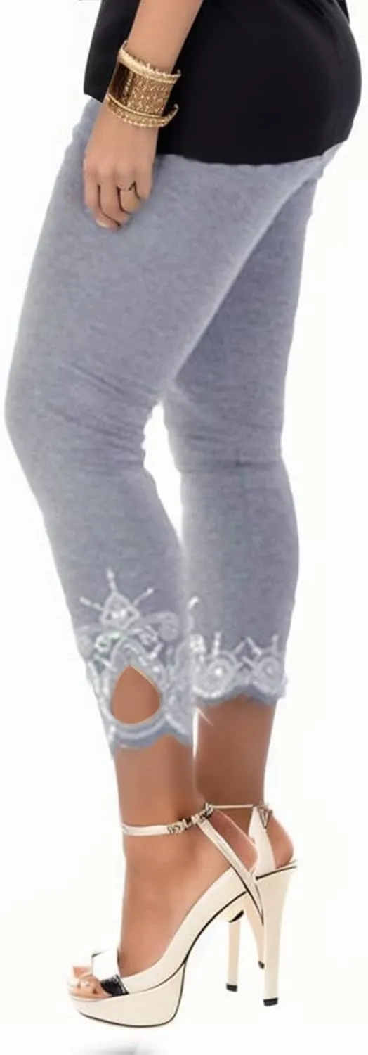 Capris Pants for Women High Waisted Yoga Cropped Pants Plus Size Summer Athletic Exercise Workout Lace Leggings Tights
