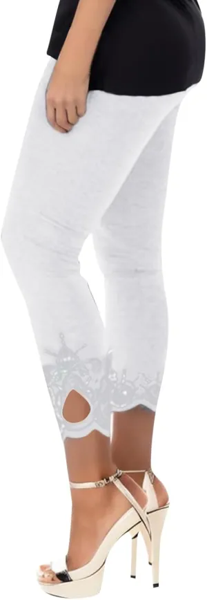Capris Pants for Women High Waisted Yoga Cropped Pants Plus Size Summer Athletic Exercise Workout Lace Leggings Tights