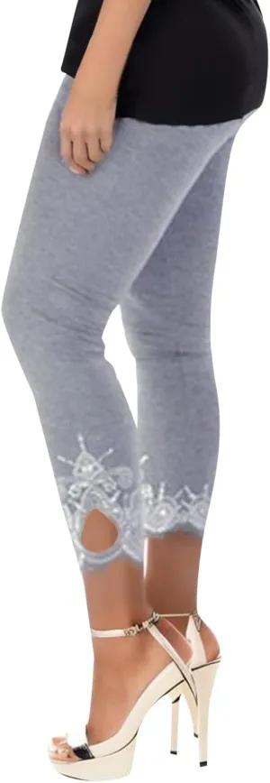 Capris Pants for Women High Waisted Yoga Cropped Pants Plus Size Summer Athletic Exercise Workout Lace Leggings Tights