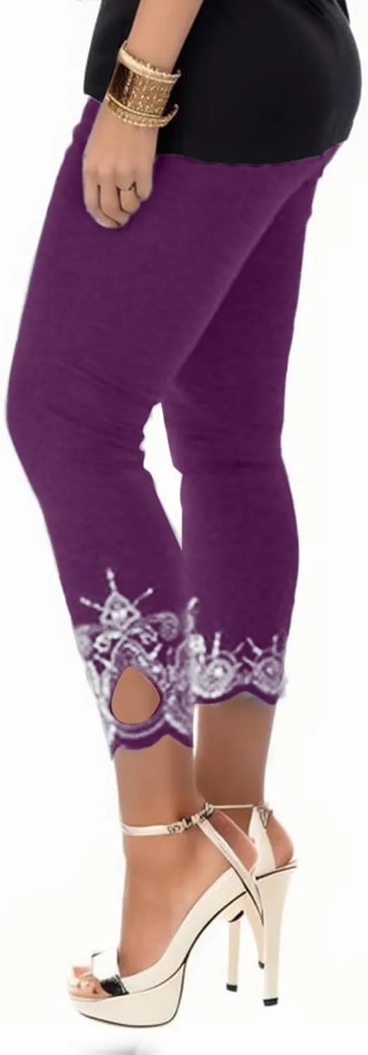 Capris Pants for Women High Waisted Yoga Cropped Pants Plus Size Summer Athletic Exercise Workout Lace Leggings Tights