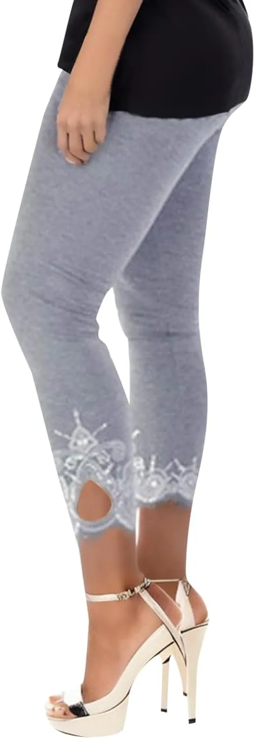 Capris Pants for Women High Waisted Yoga Cropped Pants Plus Size Summer Athletic Exercise Workout Lace Leggings Tights