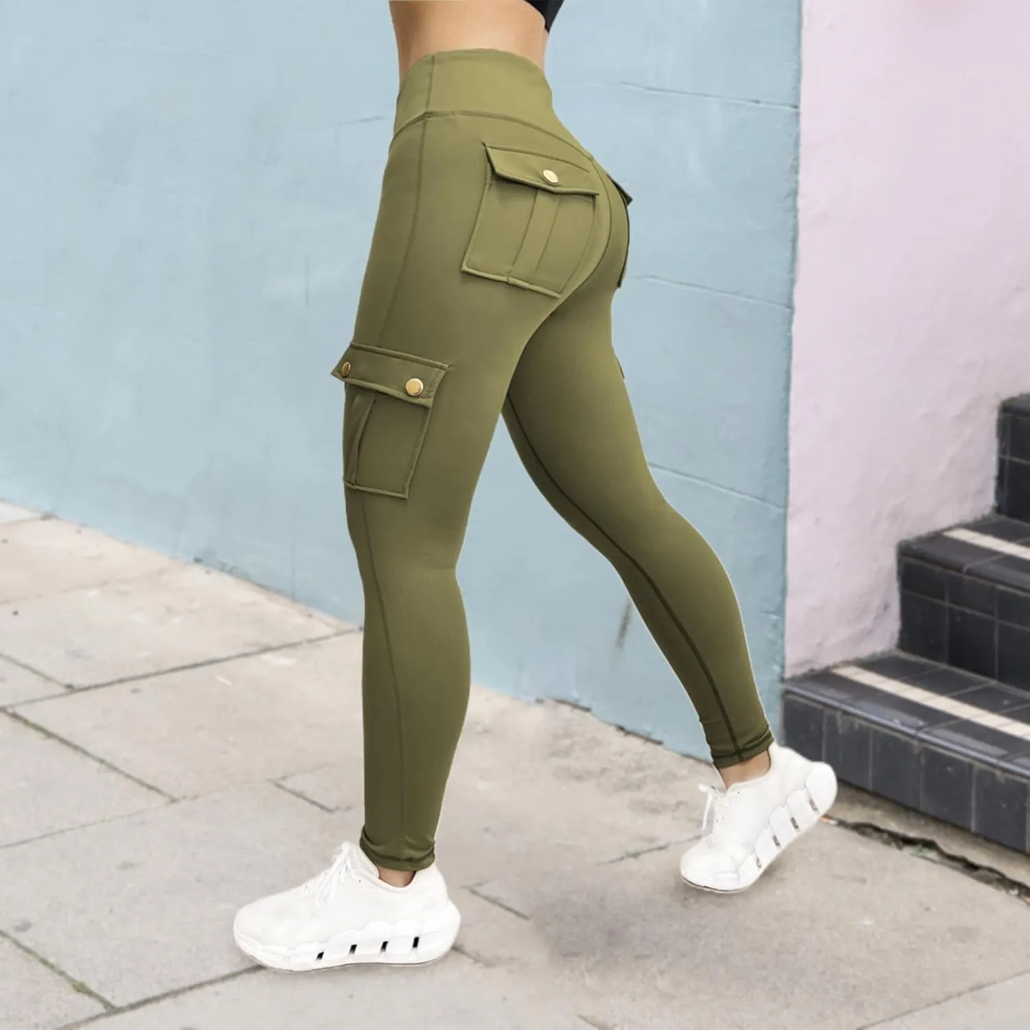 Cargo Leggings for Women High Waisted Butt Lifting Workout Leggings Stretchy Butt Lift Solid Color Pants with Pockets
