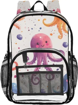 Cartoon Octopuses Clear Backpack with Back Print, Heavy Duty See Through Backpacks PVC Transparent Daypack for Travel Security