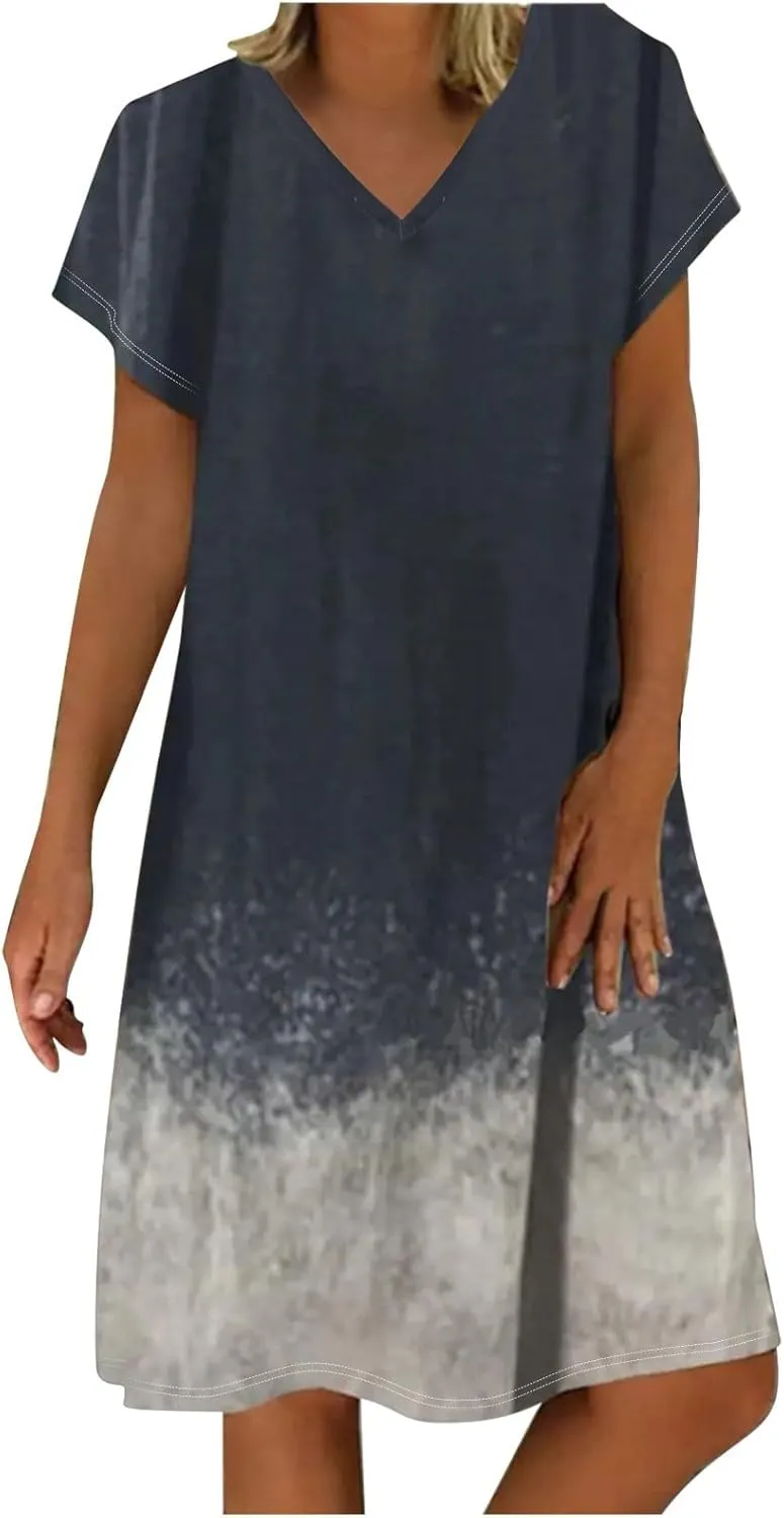 Casual Summer Dresses for Women 2025,Women's Beach Vacation T-Shirt Dress Plus Size V Neck Short Sleeve Midi Dresses