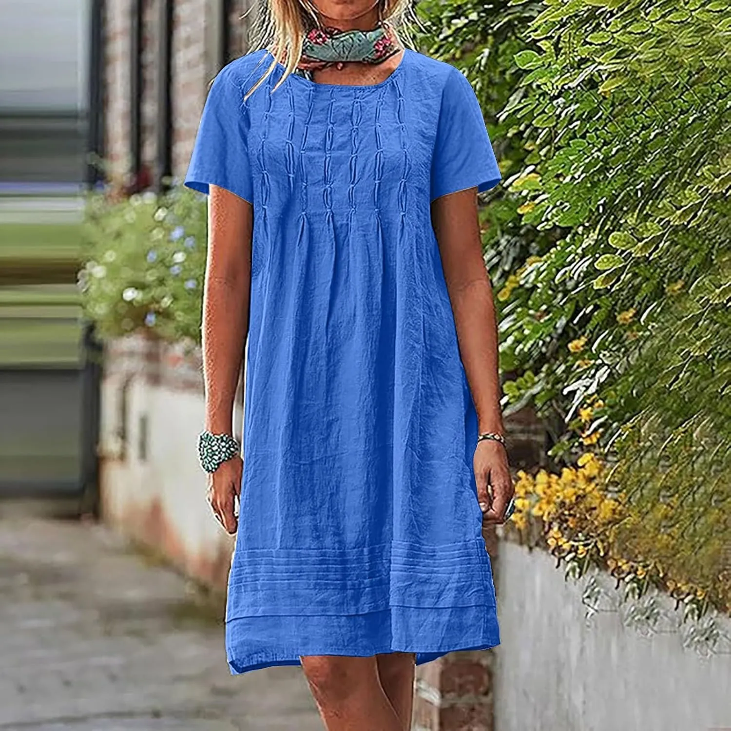 Casual Summer Dresses for Women 2025,Women's Cotton Linen Midi Dress Plus Size Short Sleeve Pleated Summer Beach Dresses