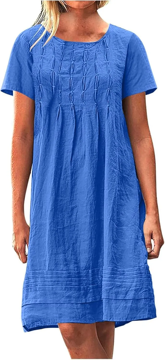 Casual Summer Dresses for Women 2025,Women's Cotton Linen Midi Dress Plus Size Short Sleeve Pleated Summer Beach Dresses