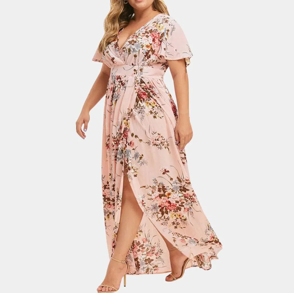 Casual Summer Dresses for Women 2025,Womens Plus Size Wedding Guest Dress Short Sleeve Floral Printed Maxi Dresses