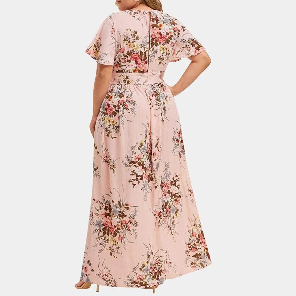 Casual Summer Dresses for Women 2025,Womens Plus Size Wedding Guest Dress Short Sleeve Floral Printed Maxi Dresses