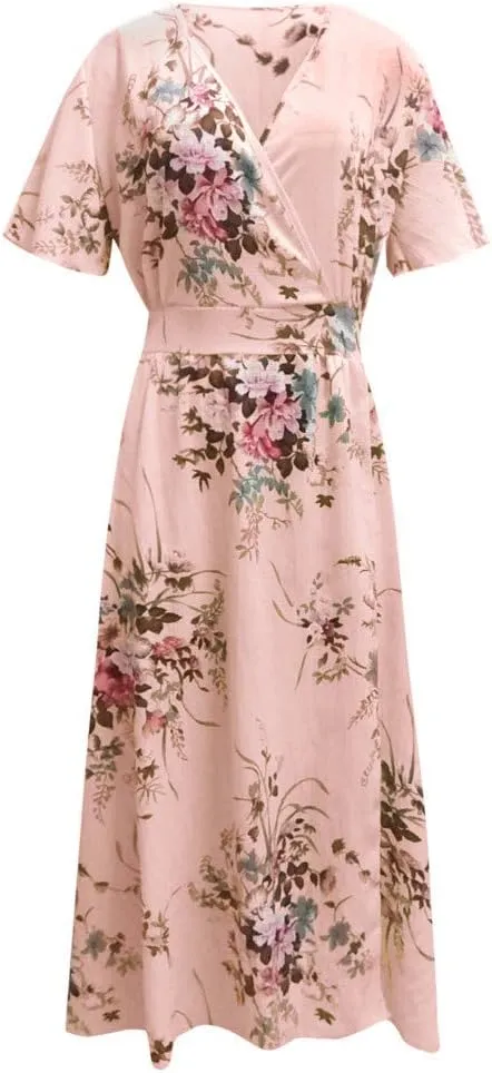 Casual Summer Dresses for Women 2025,Womens Plus Size Wedding Guest Dress Short Sleeve Floral Printed Maxi Dresses
