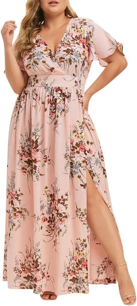 Casual Summer Dresses for Women 2025,Womens Plus Size Wedding Guest Dress Short Sleeve Floral Printed Maxi Dresses
