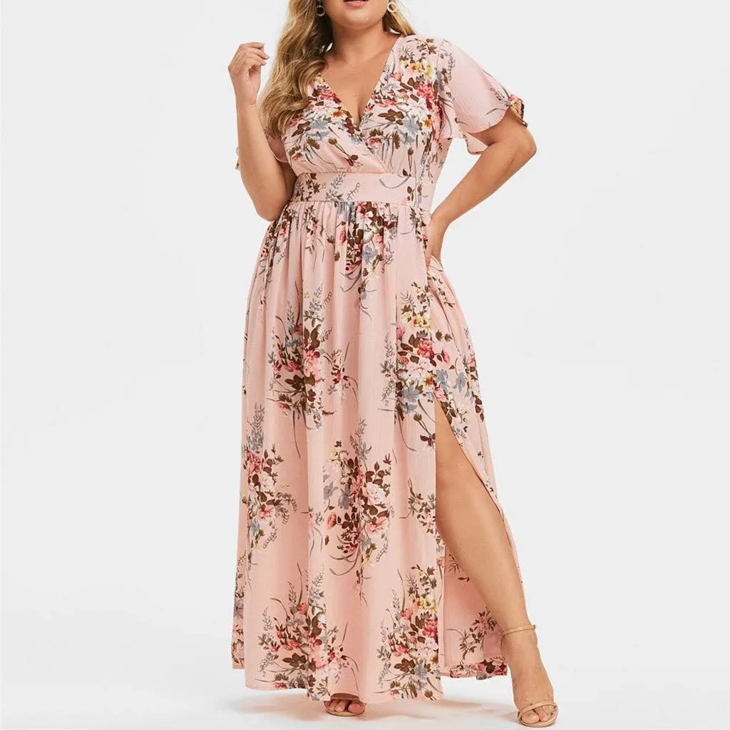 Casual Summer Dresses for Women 2025,Womens Plus Size Wedding Guest Dress Short Sleeve Floral Printed Maxi Dresses