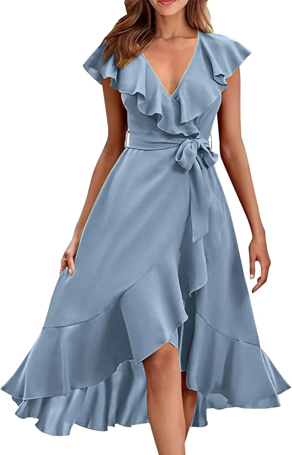 Casual Summer Dresses for Women 2025,Women's Wrap Midi Solid Color Dress Boho Deep V Neck Wedding Guest Long Dresses
