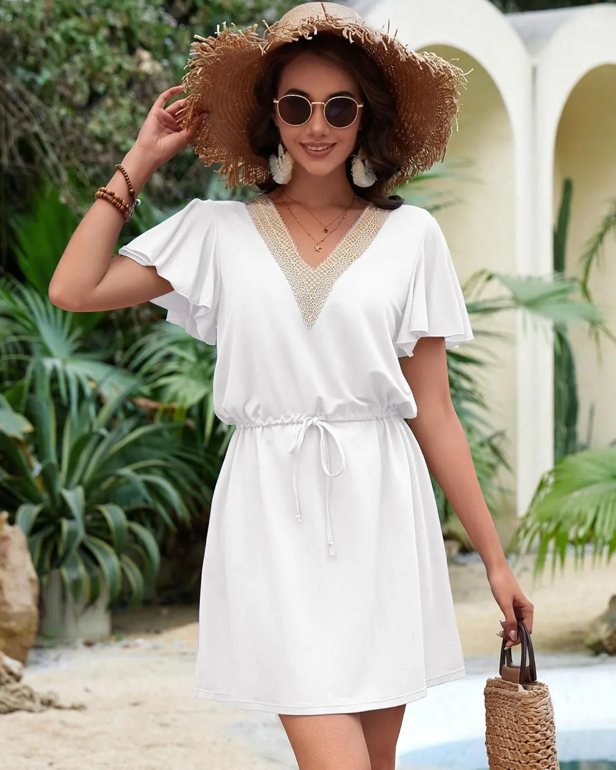 Charmo Women Swimsuit Coverup Ruffle Bathing Suit Cover Ups Drawstring Casual Summer Swimwear Sun Dress