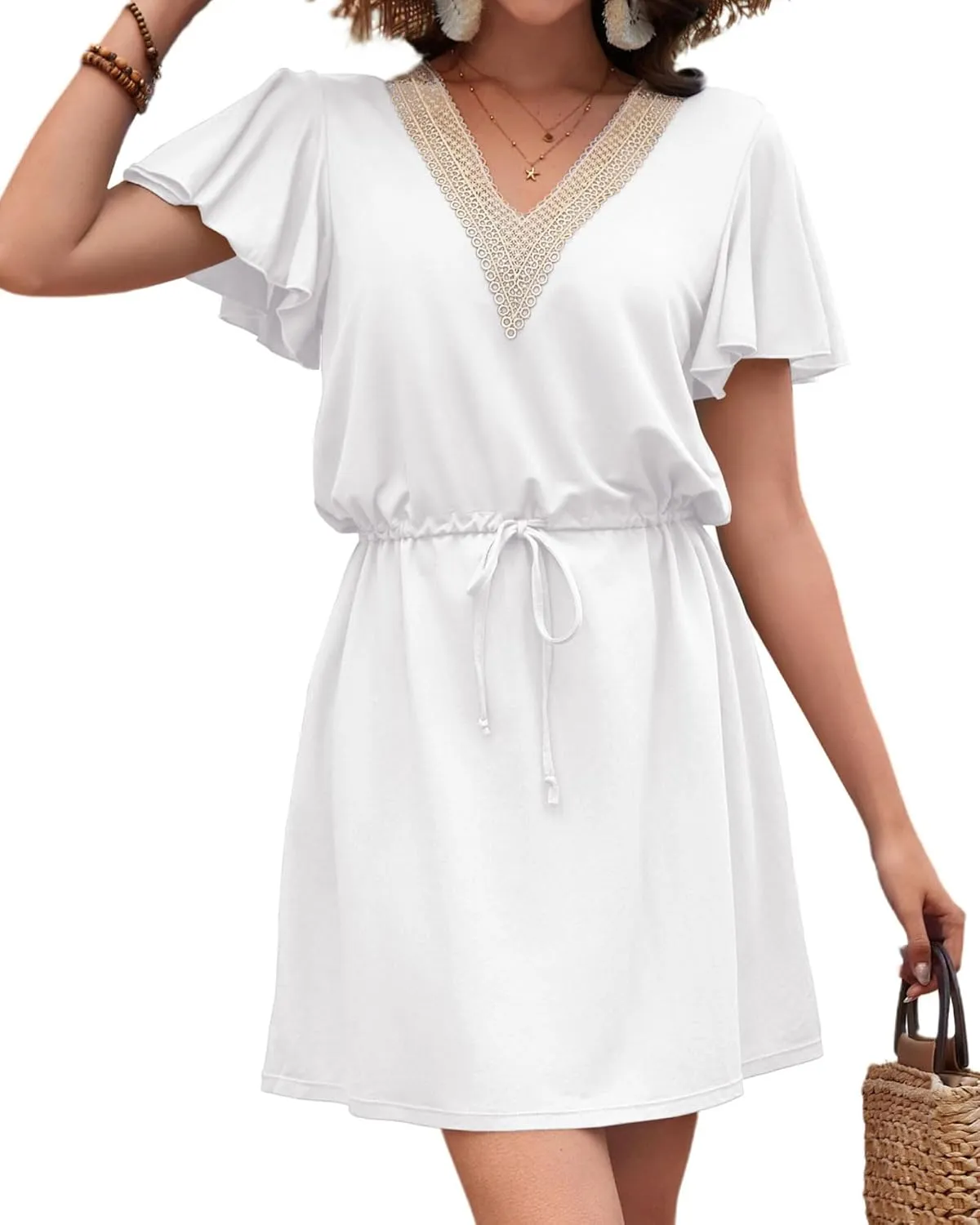 Charmo Women Swimsuit Coverup Ruffle Bathing Suit Cover Ups Drawstring Casual Summer Swimwear Sun Dress