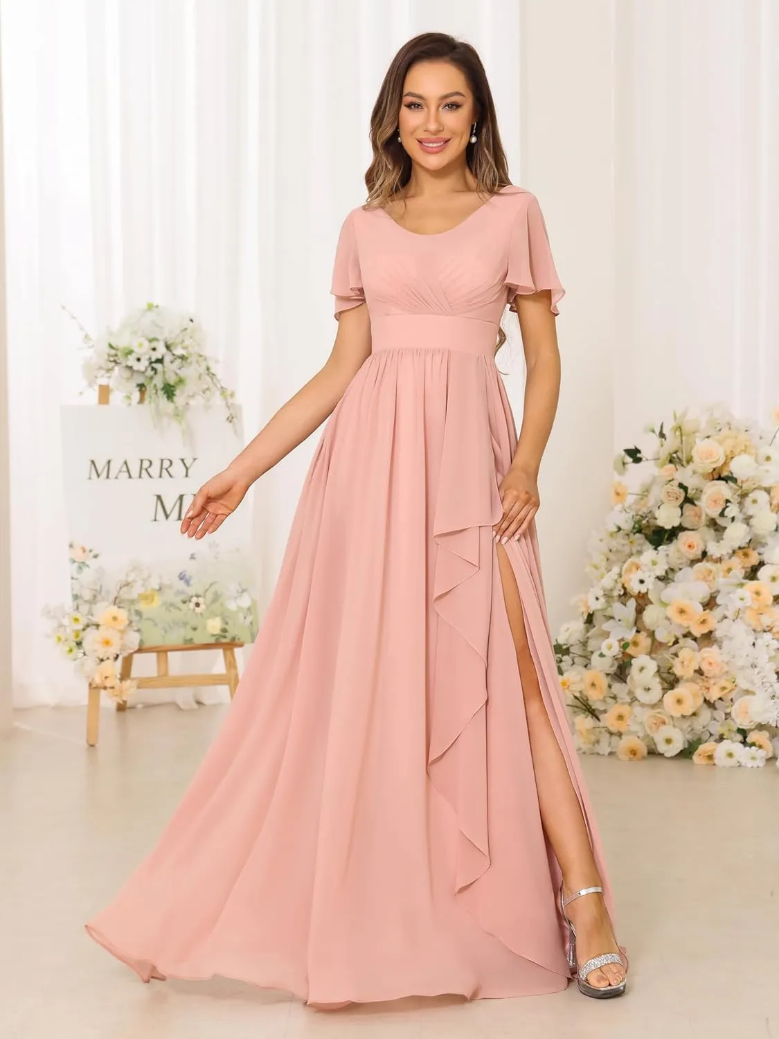 Chiffon Bridesmaid Dresses Formal Dress for Women 2025 Scoop Neck Pleats A Line Wedding Guest Dresses with Split