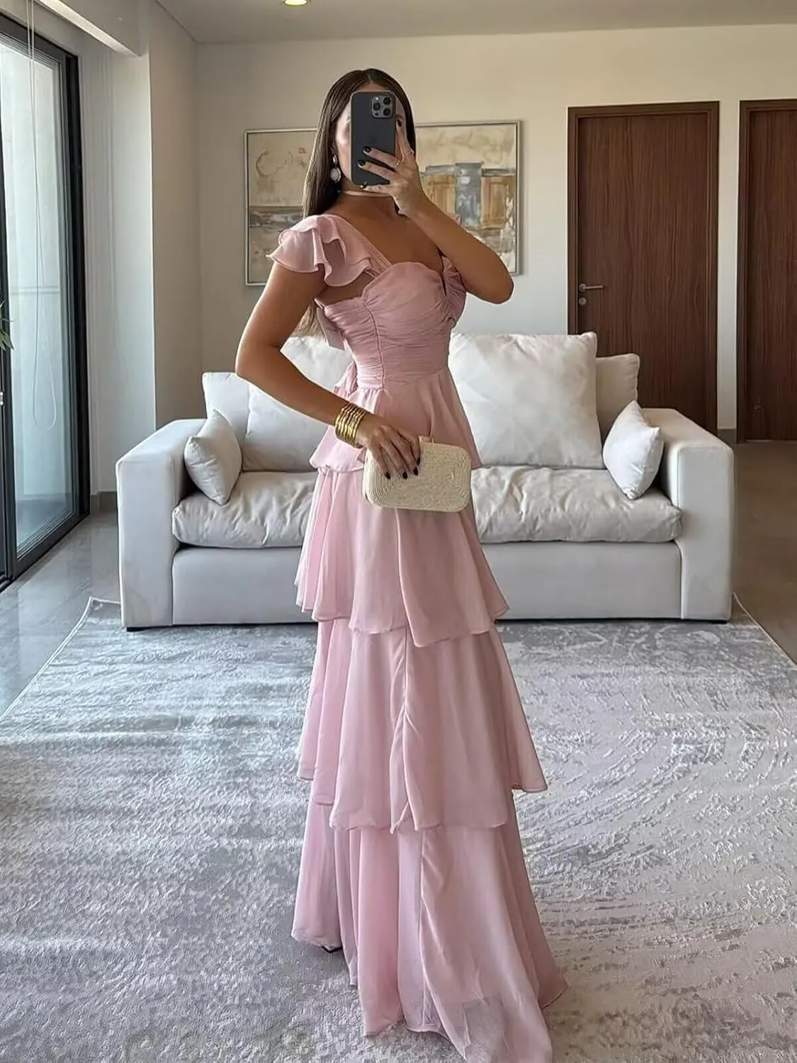 Chiffon Tiered Bridesmaid Dresses with Sleeves Off Shoulder Ruffles Prom Dresses for Women Long Formal Dress