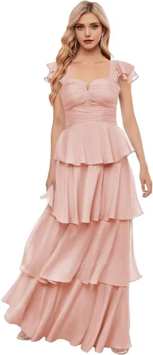 Chiffon Tiered Bridesmaid Dresses with Sleeves Off Shoulder Ruffles Prom Dresses for Women Long Formal Dress