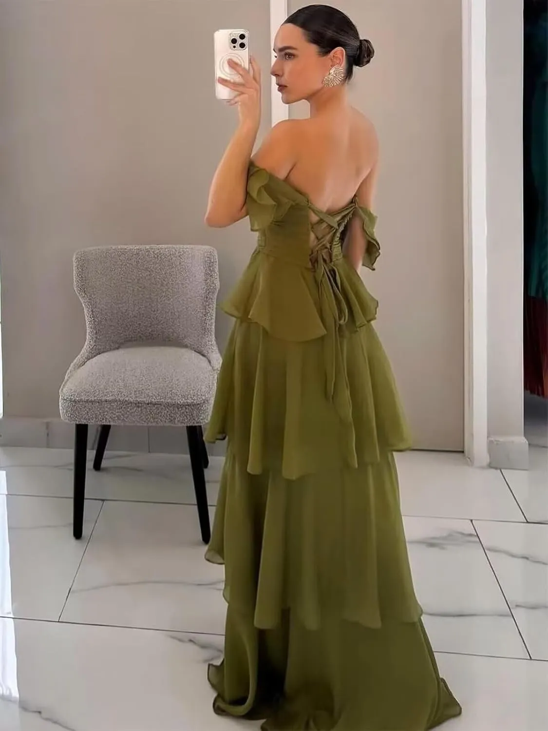 Chiffon Tiered Bridesmaid Dresses with Sleeves Off Shoulder Ruffles Prom Dresses for Women Long Formal Dress