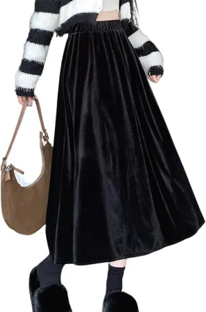 chouyatou Women's Fall Velvet Skirts High Elastic Waist Luxurious Parties Pleated A Line Swings Midi Skirt