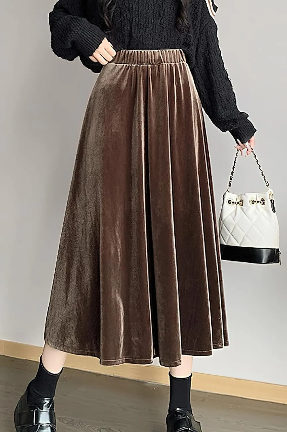 chouyatou Women's Fall Velvet Skirts High Elastic Waist Luxurious Parties Pleated A Line Swings Midi Skirt