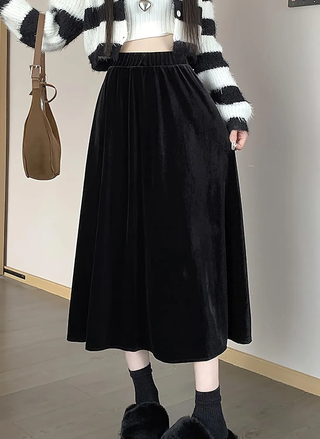 chouyatou Women's Fall Velvet Skirts High Elastic Waist Luxurious Parties Pleated A Line Swings Midi Skirt